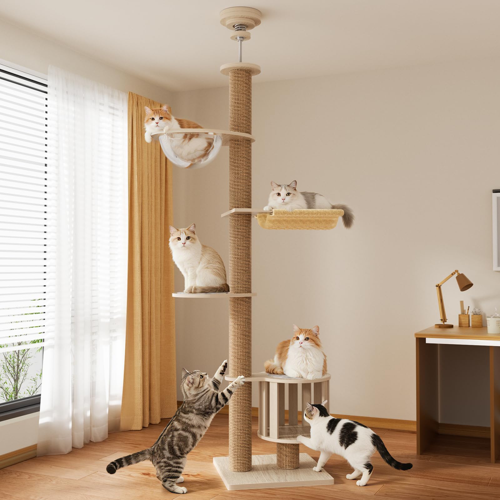 キャットタワー 突っ張り ネコタワー 木製 スリム 宇宙船付き ハンモック Amazon | [ChicKone] キャットタワー 突っ張り ネコタワー 木製 スリム